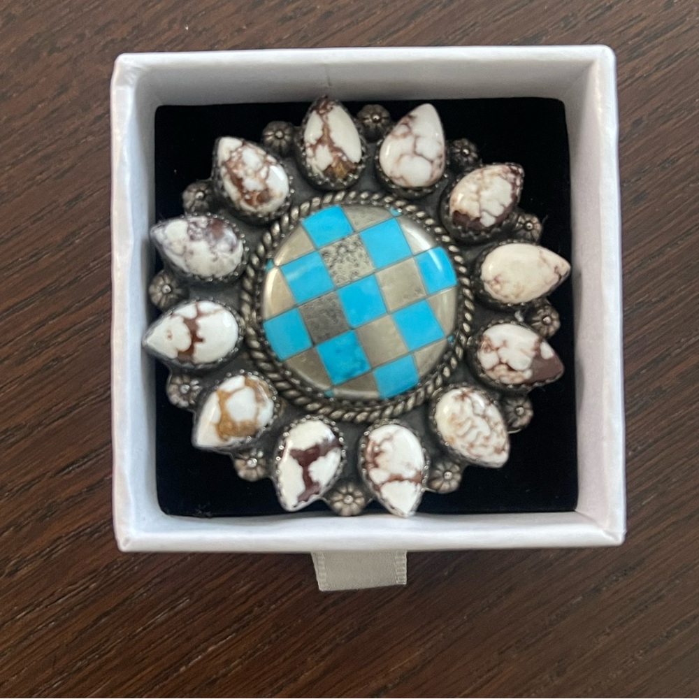 Hand Made Adjustable Checkered Wildhorse Silver Ring - Real stones from KKB